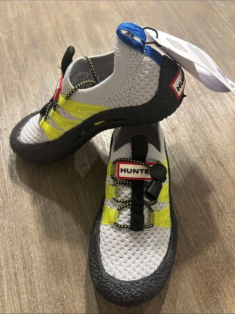 Hunter Grey & Neon Yellow Kids Water Shoes Slip-On Sneakers, New W/Tag, Sz. 10.